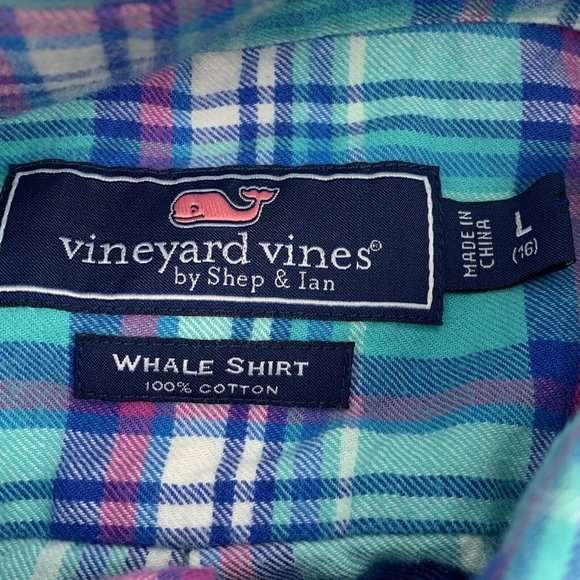 Girl's Vineyard‎ Vines L/S Button Down Whale Shirt Teal/Pink/White Plaid L (16) - Picture 6 of 10
